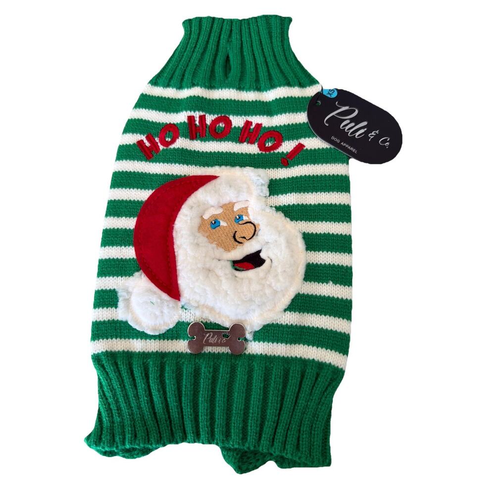 Puli & Co. Knitted Green/White Striped Santa Face Dog Sweater ~ XS~ NWT